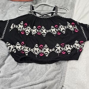 Free People Pink and Black Embellished Crop Blouse